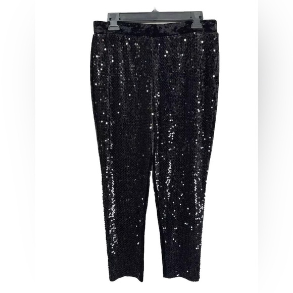 Chico’s Pants Womens 0.5 (S/6) Black Sequin Velvet Tapered Ankle Pull-On Hi Rise - Picture 2 of 11